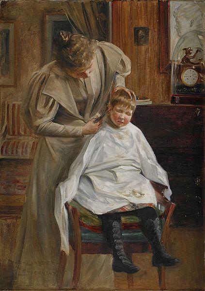 Robert Lundberg Mother cutting the hair oil painting image